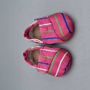 Toms Toddler Size 3T Girl Pink, White,Blue & Green Striped Shoes EUC
